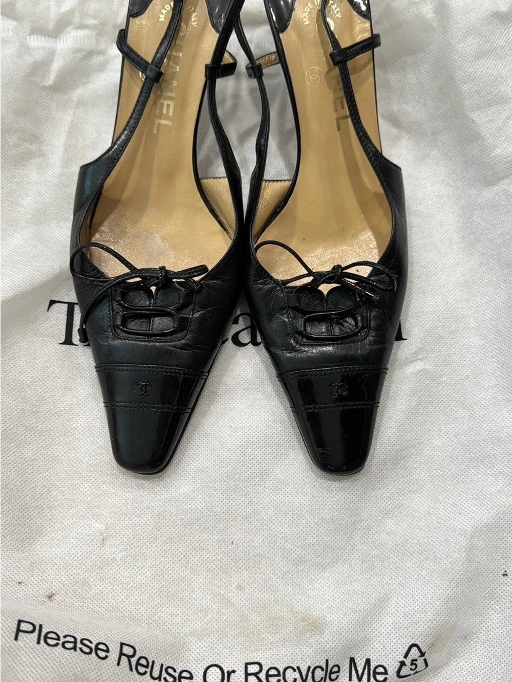 CHANEL Black Leather Pointed Slingback Heels with Bow Detail